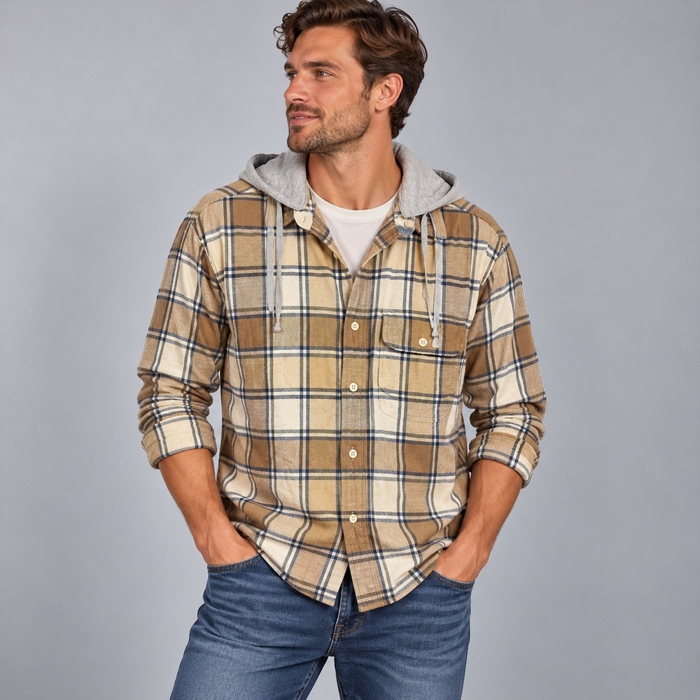 American Eagle Super Soft Hooded Flannel Shirt Tan Blue Plaid Small Mens